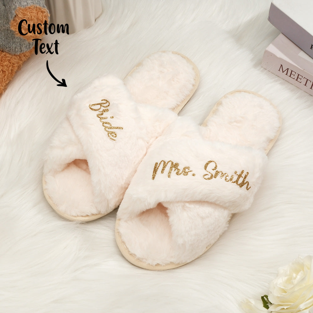Styled bridal set with personalised fluffy cross slippers for bride and bridesmaids, ideal for bridal showers, hen parties and thank-you gifts
