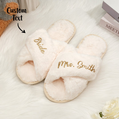 Styled bridal set with personalised fluffy cross slippers for bride and bridesmaids, ideal for bridal showers, hen parties and thank-you gifts