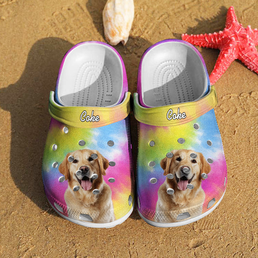 Pair of personalised pet face clogs with colourful dog portrait and custom name on durable rubber slippers