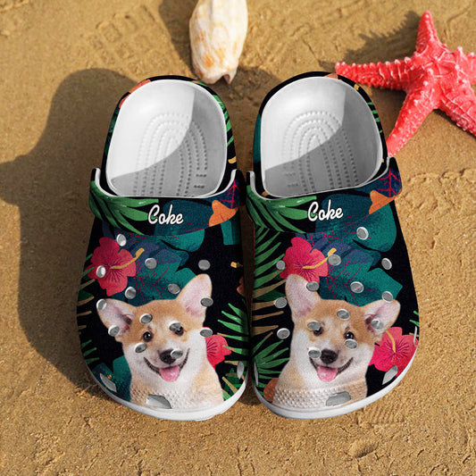 Personalised pet portrait clogs with name – pair of soft‑rubber clogs printed with a high‑definition custom pet face and personalised name, perfect funny custom pet face slippers for pet lovers