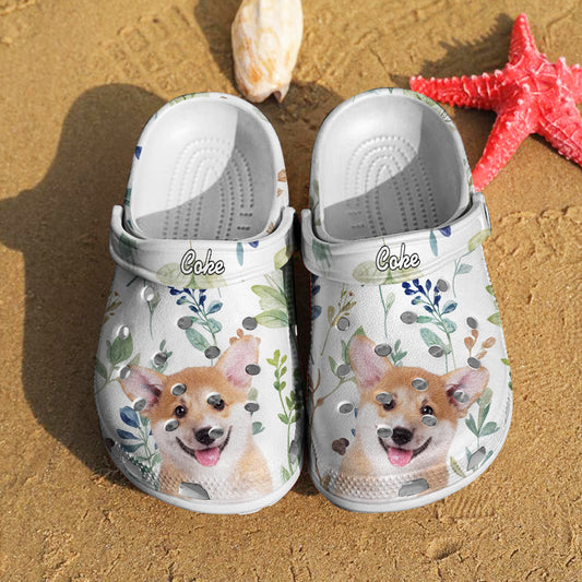 Pair of personalised pet face clogs with printed name on the upper — funny pet clogs ideal as a personalised birthday gift