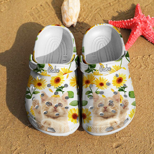 Personalised pet face clogs with name on bright sunflower print – funny clog slippers for pet lovers, rubber, non‑slip, unisex EU sizes