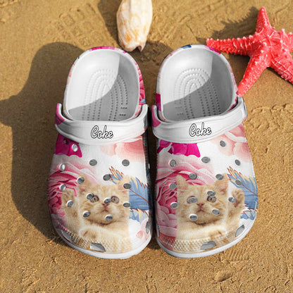 Pair of personalised pet face clogs with floral print and custom pet name – funny rubber slippers for pet lovers