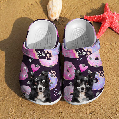 Personalised pet portrait clogs featuring a funny pet face, colourful donut print and printed pet name – custom pet slippers and personalised shoes