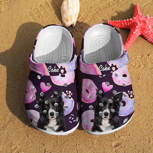 Personalised pet portrait clogs featuring a funny pet face, colourful donut print and printed pet name – custom pet slippers and personalised shoes