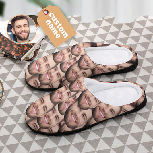 Pair of Personalised Face Cotton Slippers with custom photo print on soft cotton upper, cosy indoor wear