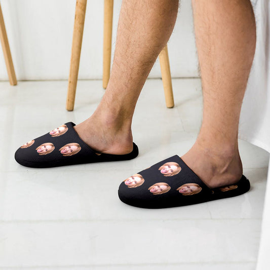 Personalised Face Slippers – pair of custom cotton slippers with printed photo on soft flannel upper and cushioned lining, ideal personalised house shoes