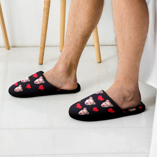 Personalised face slippers for women & men with custom photo heart on soft flannel upper – cosy indoor/outdoor house shoes with TPR non-slip sole