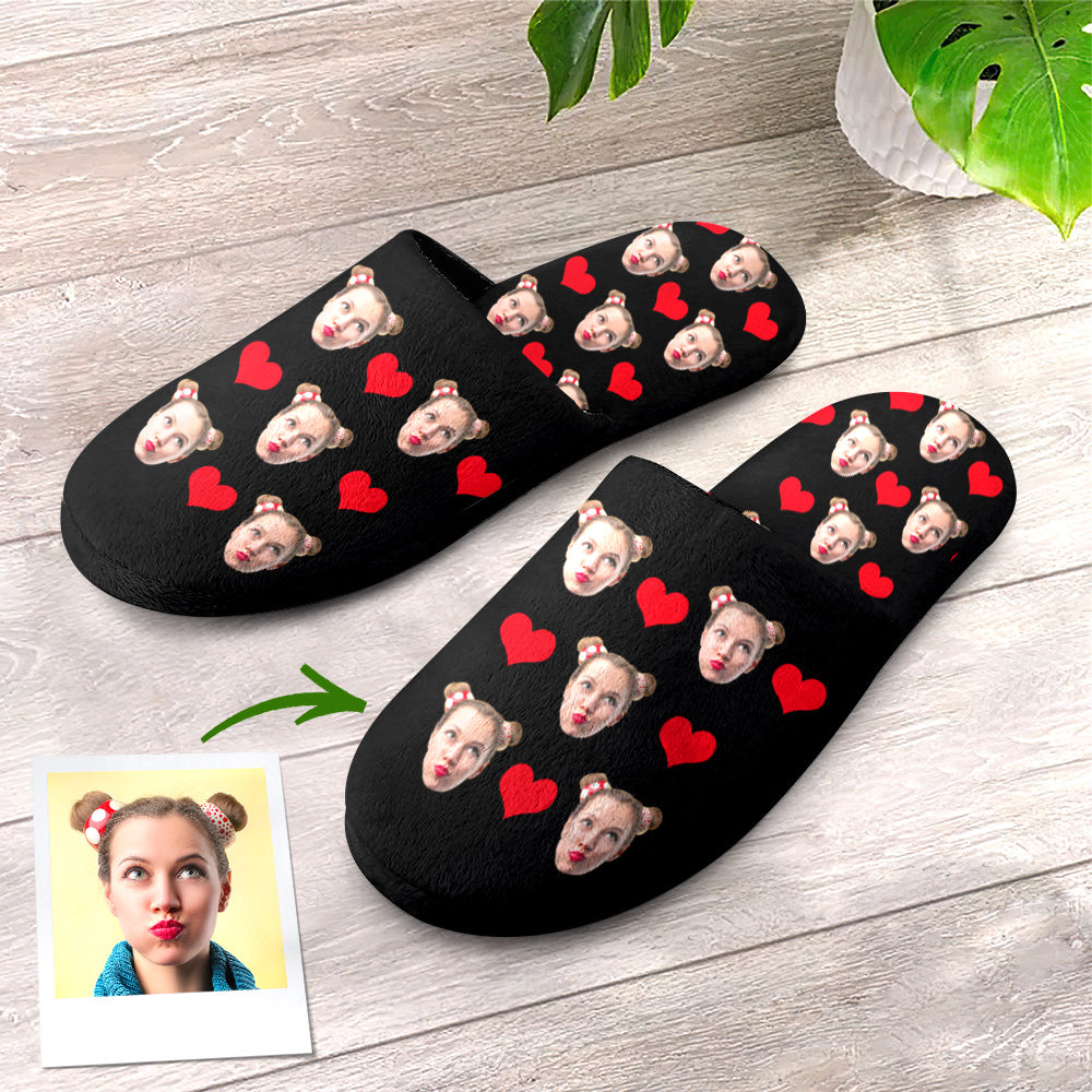 Custom photo slippers close‑up showing personalised face print and optional text on plush flannel – ideal personalised gift for mum, dad or partner