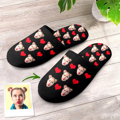 Custom photo slippers close‑up showing personalised face print and optional text on plush flannel – ideal personalised gift for mum, dad or partner