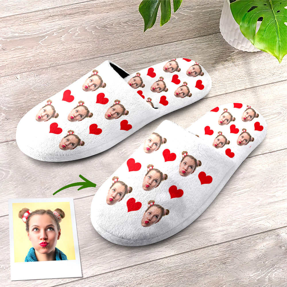 Heart design personalised slippers close up – custom photo or text printed on soft flannel upper, perfect for birthdays and Valentine’s gifts