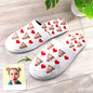 Heart design personalised slippers close up – custom photo or text printed on soft flannel upper, perfect for birthdays and Valentine’s gifts