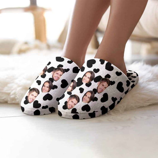 Custom Face Women's and Men's Slippers Personalized Black Heart Casual House Shoes Indoor Outdoor Bedroom Cotton Slippers