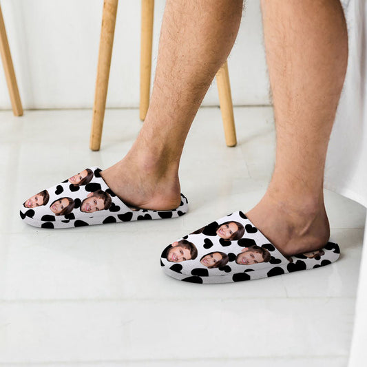 Personalised custom face slippers with black heart motif top view showing soft flannel upper on cotton house shoes for men and women