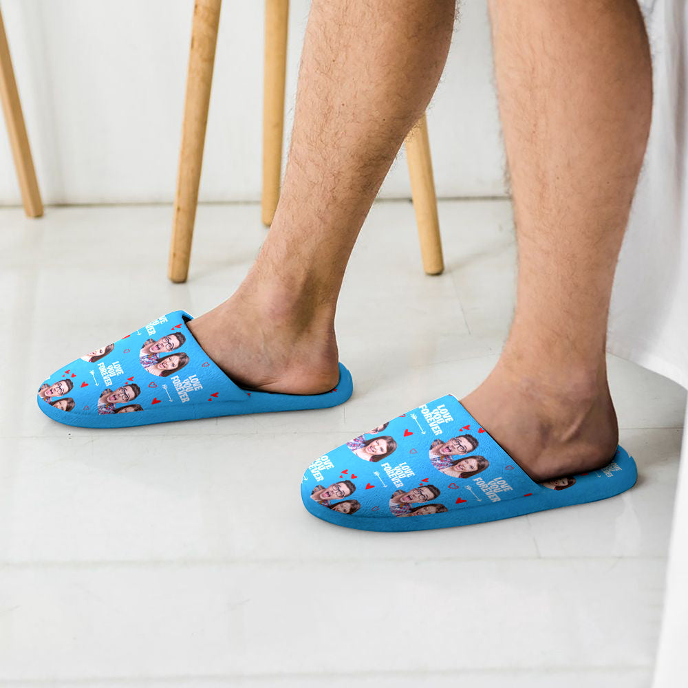 Pair of personalised face house shoes side view showing cushioned flannel upper and waterproof TPR rubber sole, ideal personalised slippers gift