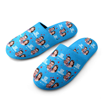 Lifestyle shot of person wearing personalised cotton slippers outdoors, comfortable indoor and outdoor house shoes with non-slip sole