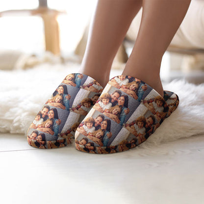 Close‑up of high‑resolution photo print on flannel personalised slippers showing crisp custom face detail — perfect personalised photo gift