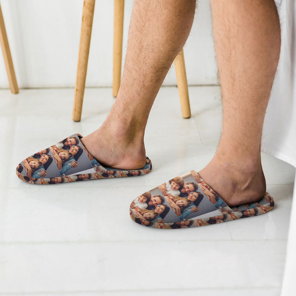 Top view of custom face slippers showing cushioned footbed and cosy flannel lining — personalised house shoes and custom cotton slippers for men and women