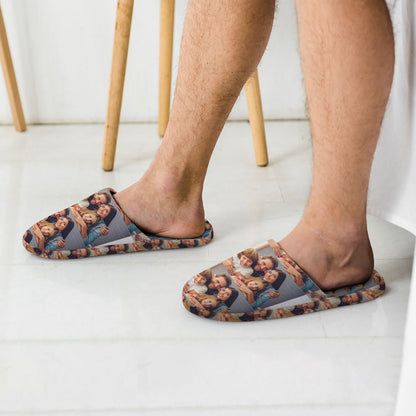 Top view of custom face slippers showing cushioned footbed and cosy flannel lining — personalised house shoes and custom cotton slippers for men and women
