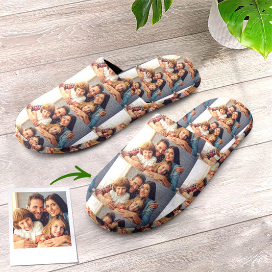 Close‑up of high‑resolution photo print on flannel personalised slippers showing crisp custom face detail — perfect personalised photo gift