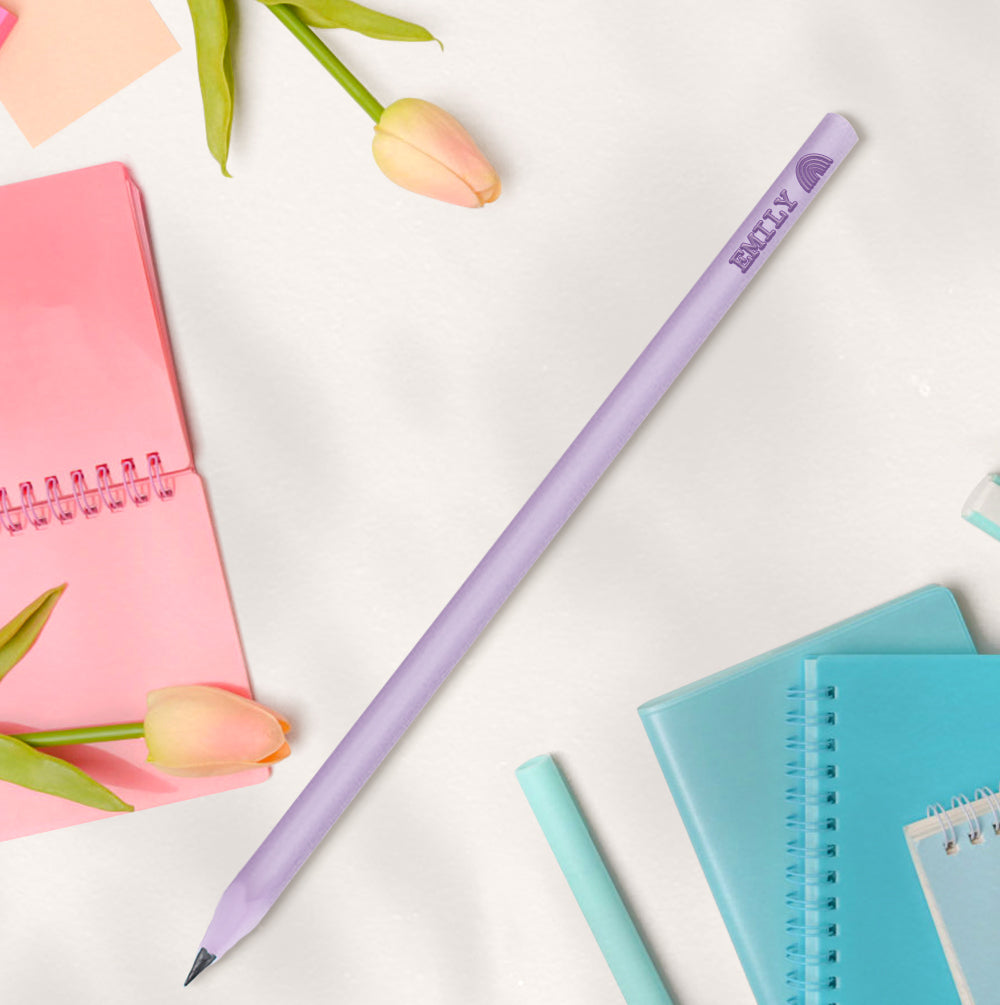 Row of personalised pencils showcasing consistent print quality — ideal for teacher gifts and pupil starter kits