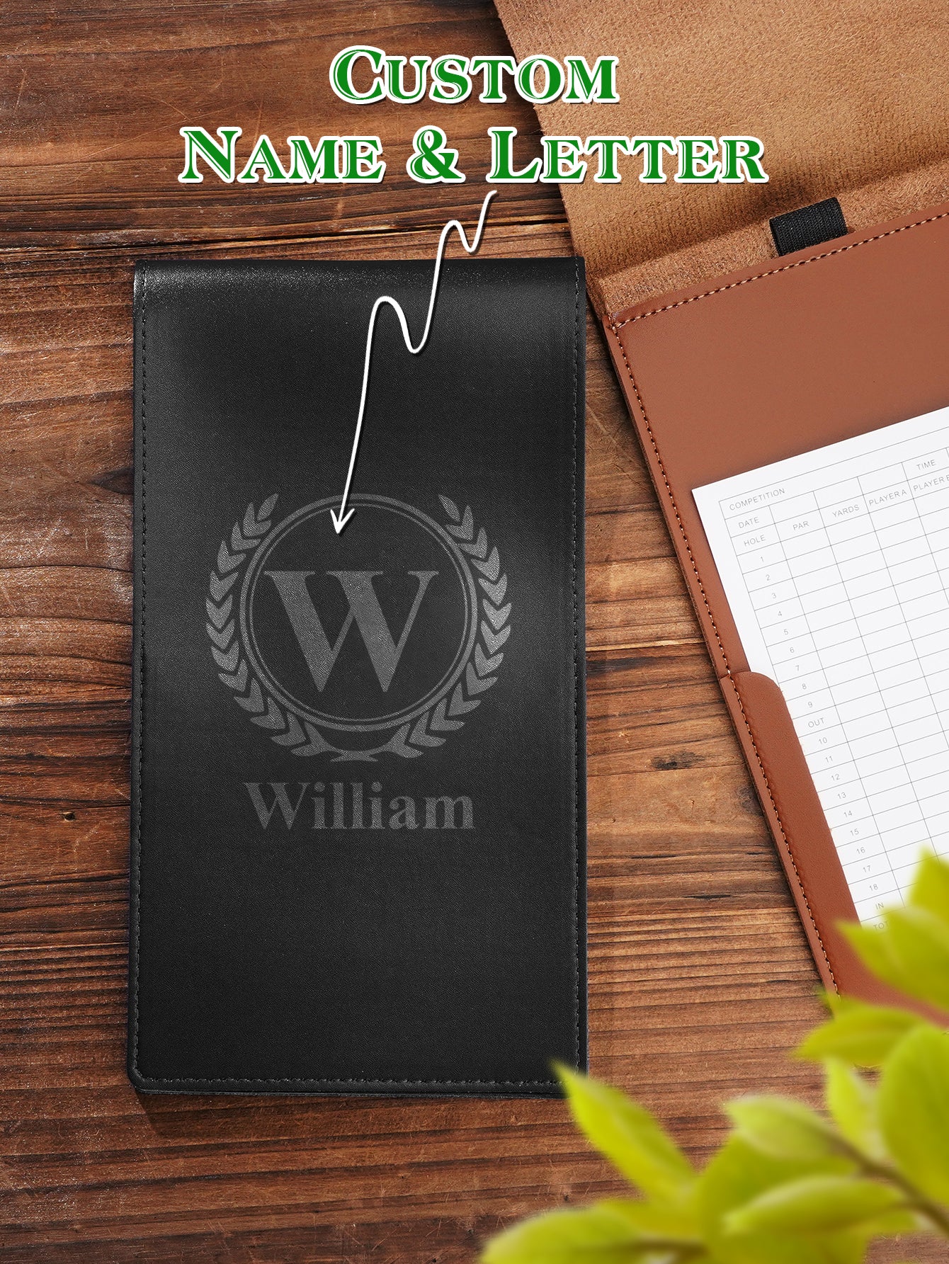 Rear pocket of personalised PU leather golf scorecard holder for tees and notes