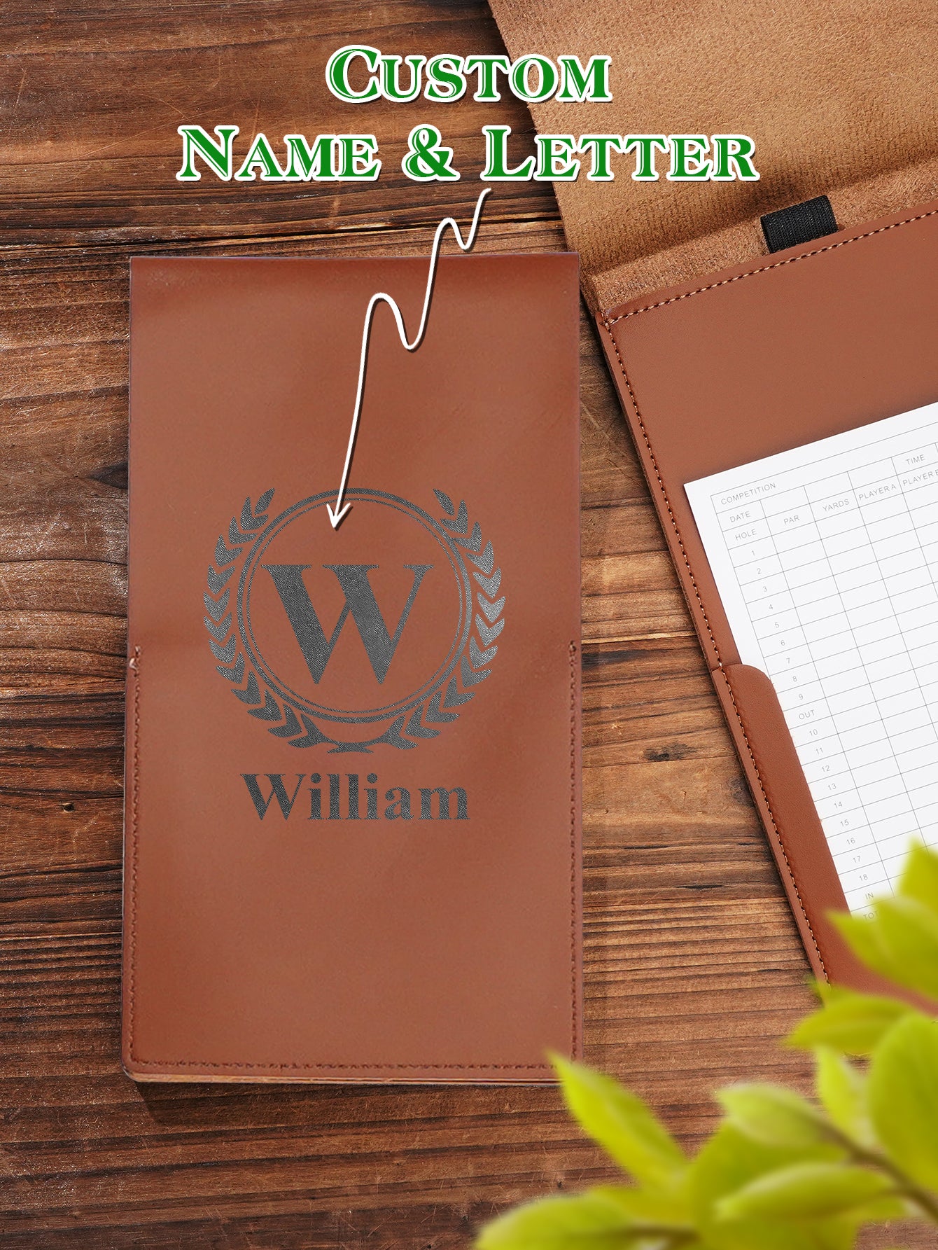 Personalised PU leather golf scorecard holder slipped into a golf bag pocket — lightweight and convenient
