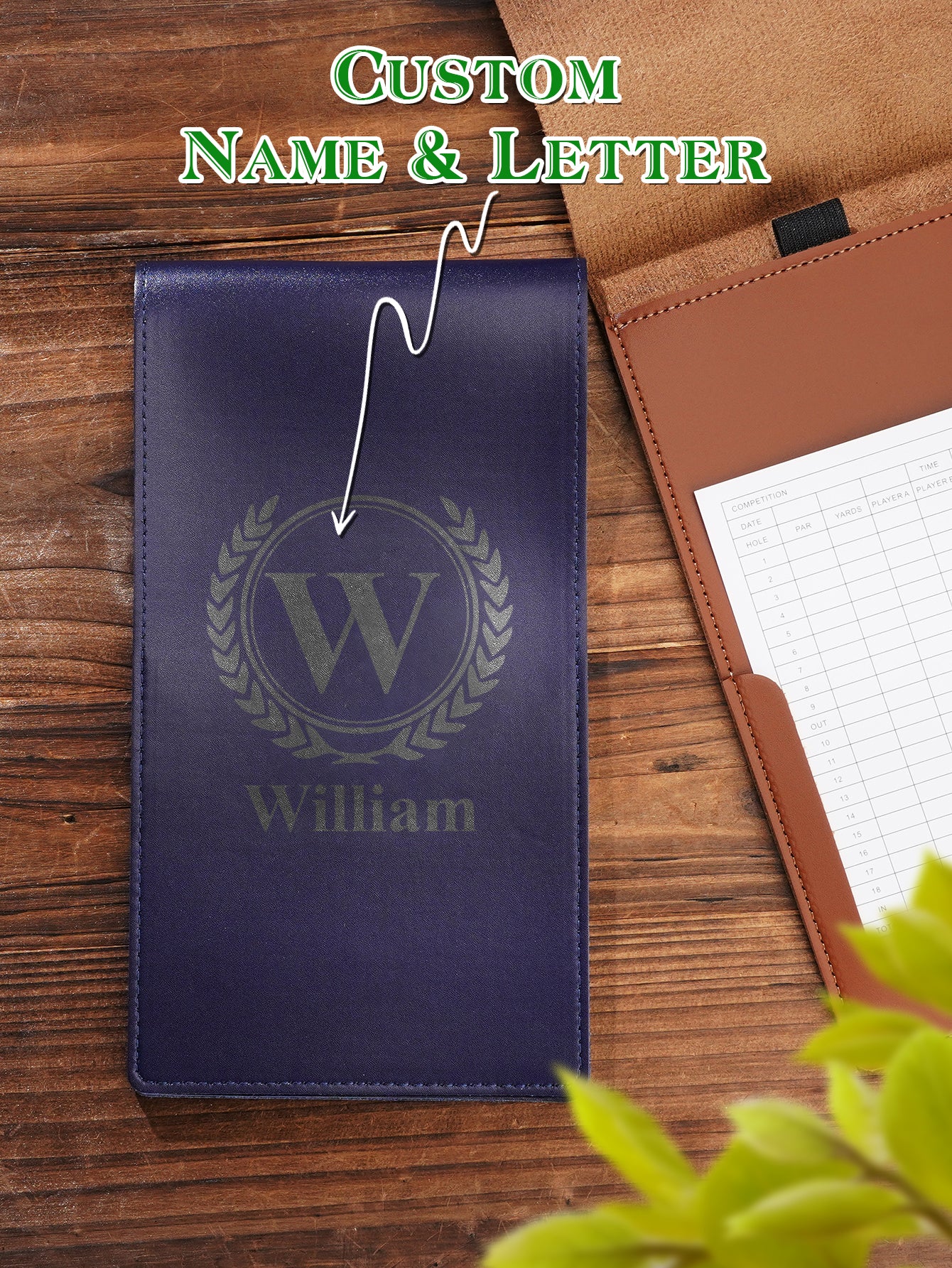 Lifestyle shot of personalised scorecard holder on a golf trolley — perfect birthday gift for him