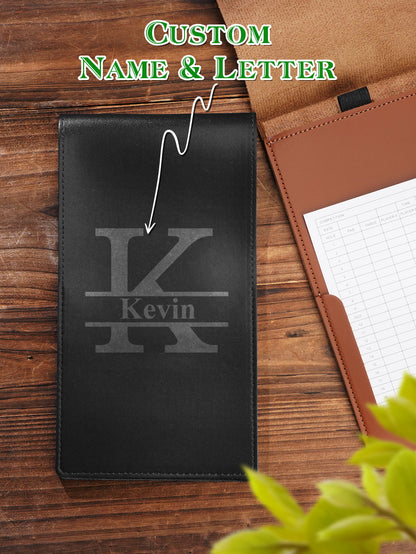 Gift-ready personalised PU leather golf scorecard holder in presentation box for anniversaries