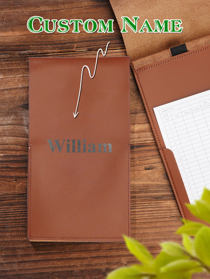 Luxury-style stitching detail on personalised PU leather golf scorecard holder, showing edge finish