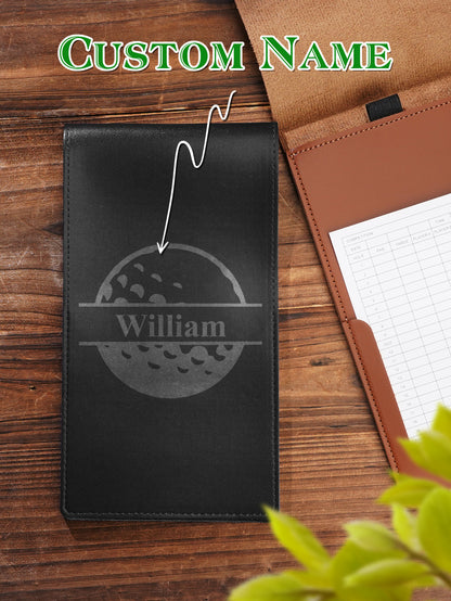 Personalised PU leather golf scorecard holder neatly stored inside a golf bag pocket