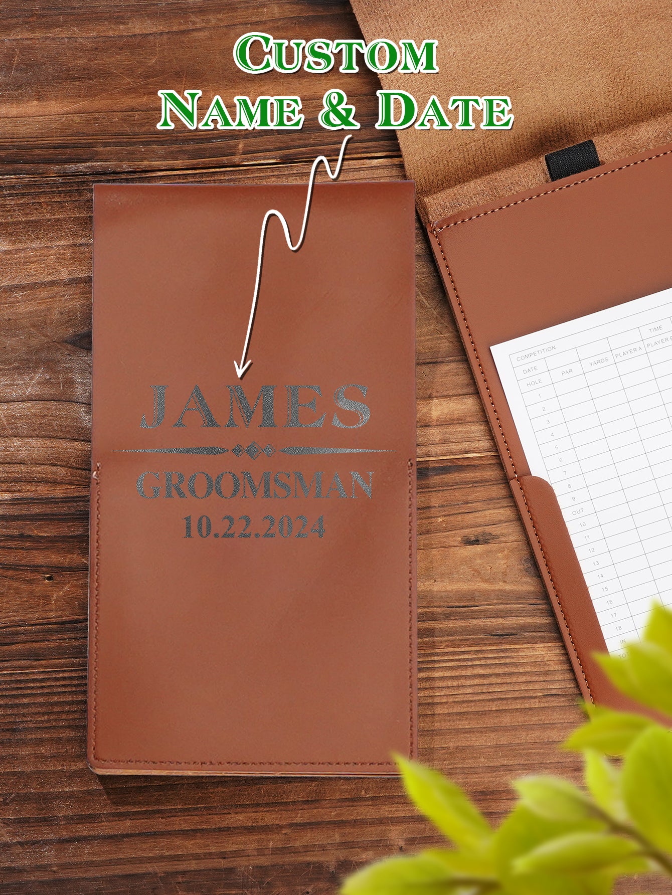 Corner and edge finish on personalised PU leather golf scorecard holder — durable and refined