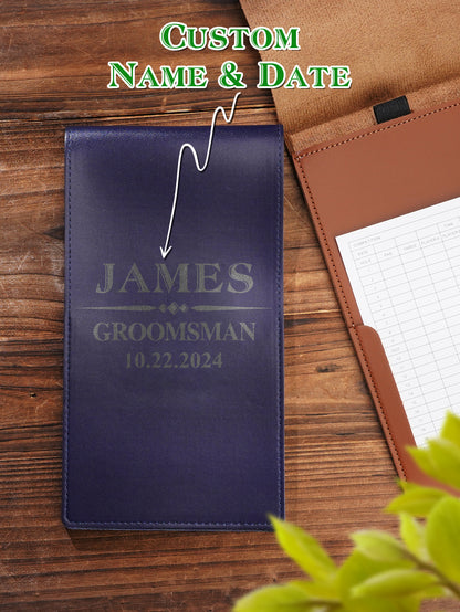 Personalised PU leather scorecard holder protecting a scorecard on the golf course