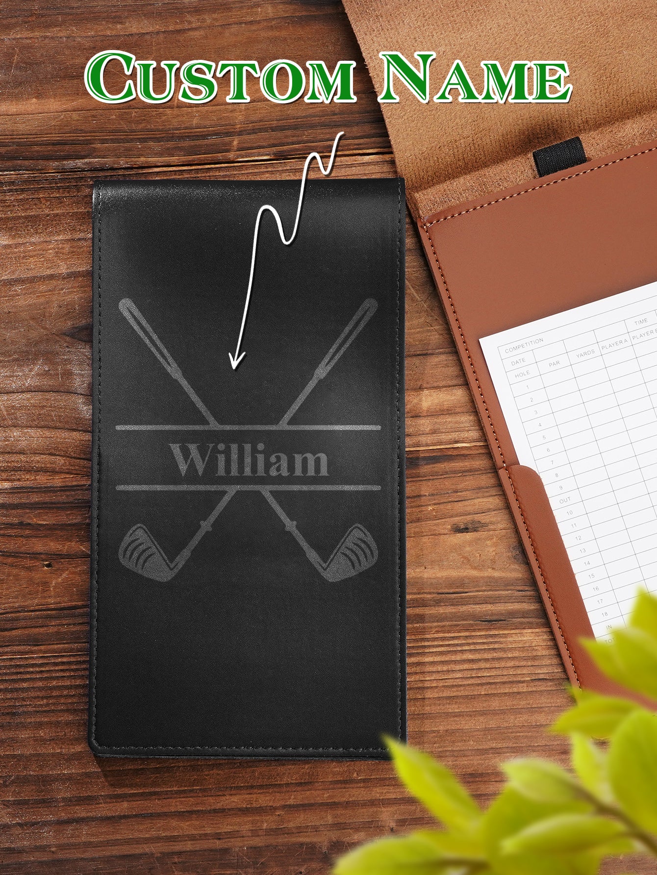 Personalised engraved initials and date on PU leather golf scorecard holder — perfect anniversary present