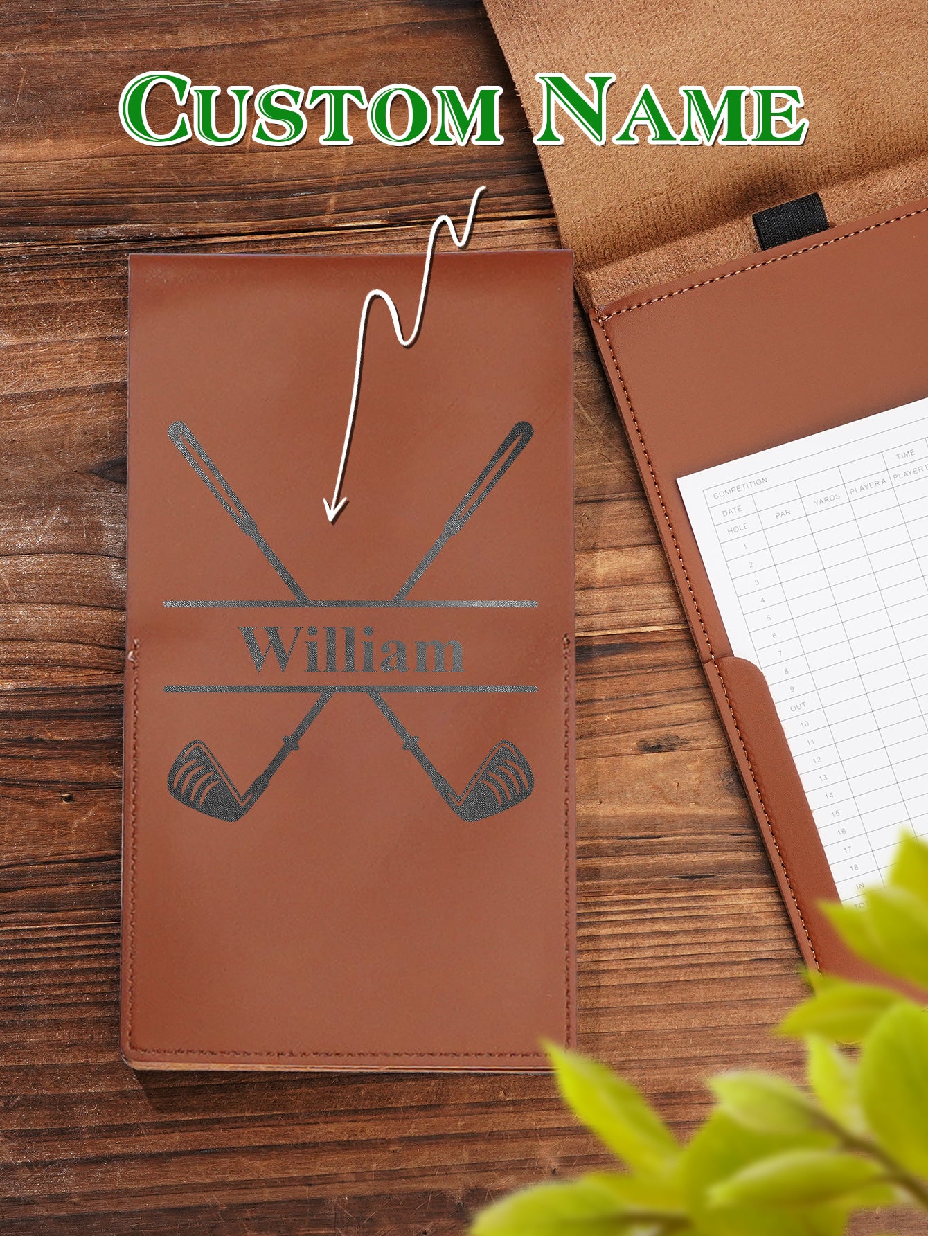 Set of personalised PU leather golf scorecard holders showcasing custom text options