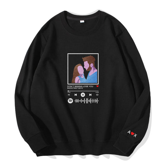 Front view of personalised embroidered soundwave hoodie showing audio track embroidery on chest, comfortable unisex cotton fit