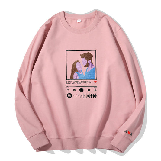 Front view of personalised embroidered soundwave hoodie showing audio track embroidery on chest, comfortable unisex cotton fit