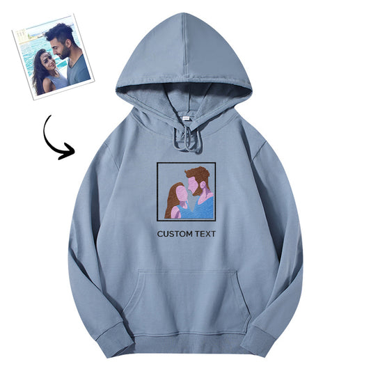 Personalised embroidered pattern hoodie front view on model — comfortable cotton fit with customisable text, perfect couples' matching gift