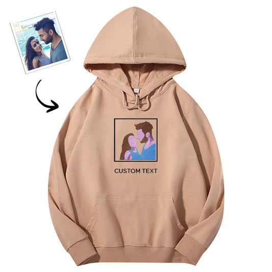 Personalised embroidered pattern hoodie front view on model — comfortable cotton fit with customisable text, perfect couples' matching gift