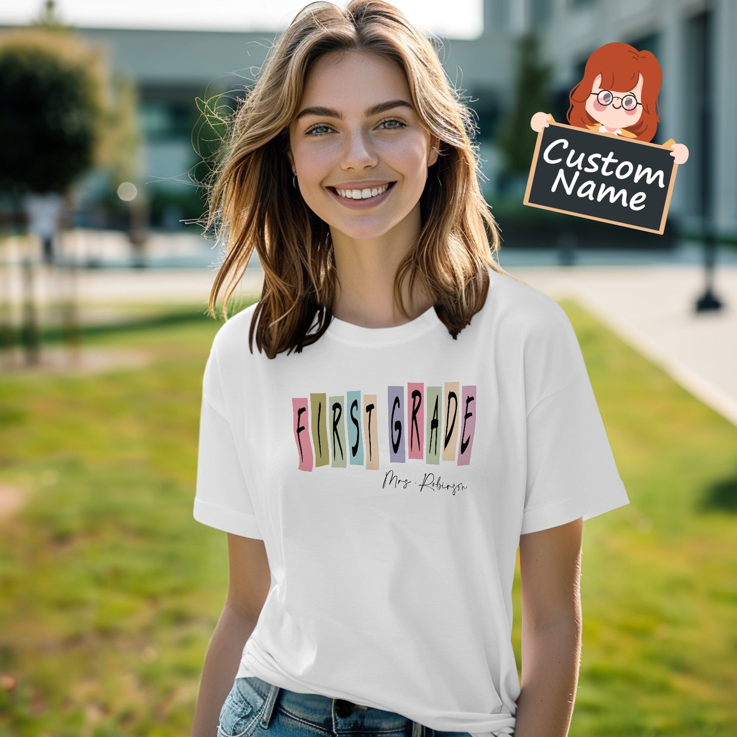 Close-up of custom name print on Personalised First Grade Teacher T-Shirt, durable print detail on soft polyester ideal for teacher appreciation gifts