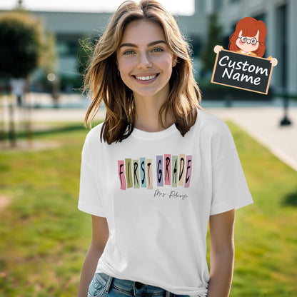 Close-up of custom name print on Personalised First Grade Teacher T-Shirt, durable print detail on soft polyester ideal for teacher appreciation gifts
