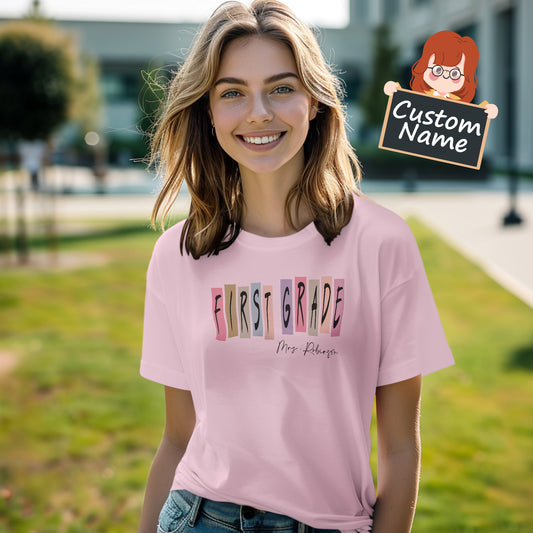 Personalised First Grade Teacher T-Shirt — white polyester teacher tee with custom name printed on the front, perfect Back to School gift