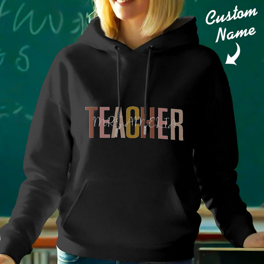 Front view of personalised teacher hooded sweatshirt in soft polyester — custom name hoodie ideal as a back-to-school gift for teachers