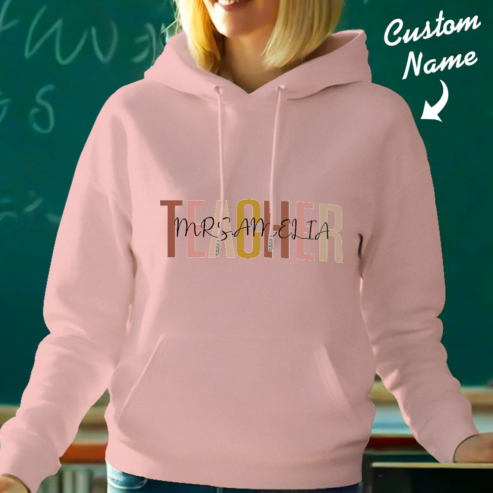 Close-up of hood and drawstring on personalised teacher hoodie — premium polyester detail on this custom name back-to-school gift