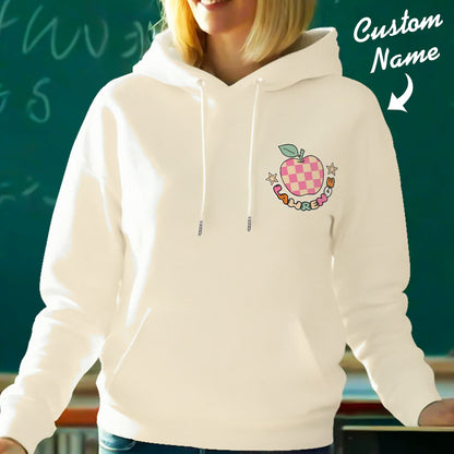 Custom name on chest of personalised teacher hoodie — high-quality polyester with durable, vibrant print