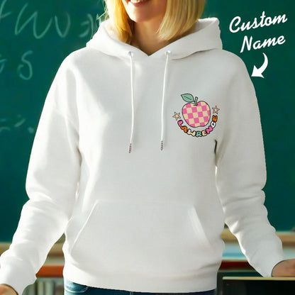 Close-up of polyester fabric and print on personalised teacher hoodie — easy-care material for lasting colour