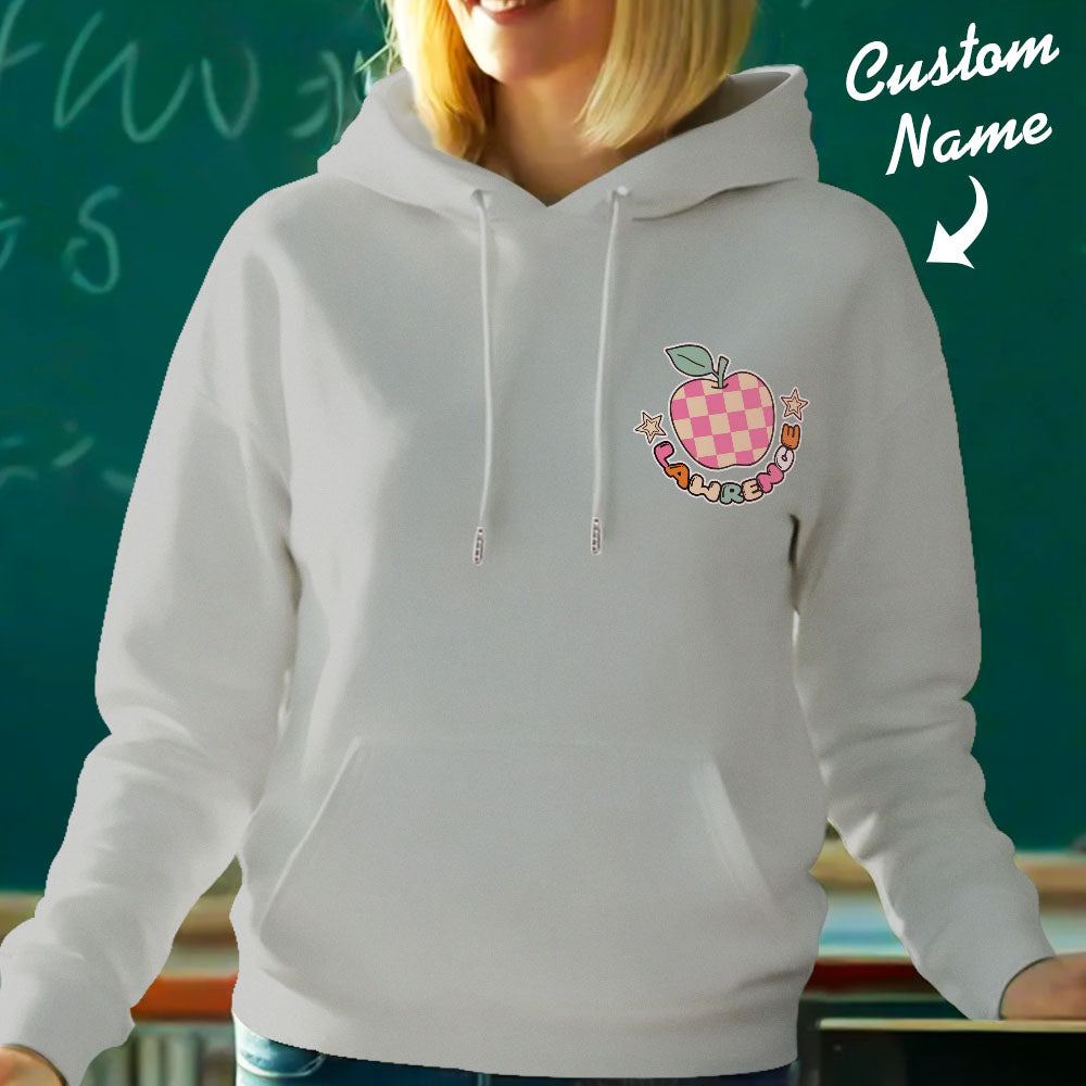 Detail of crisp custom name print on personalised teacher hoodie — long-lasting print quality ideal for teacher gifts