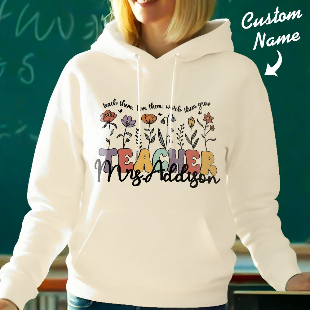 Model wearing the personalised wildflower hoodie to showcase fit and style — thoughtful personalised gift for teachers and mentors