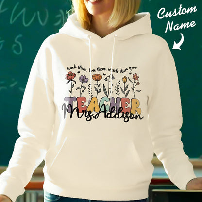 Model wearing the personalised wildflower hoodie to showcase fit and style — thoughtful personalised gift for teachers and mentors