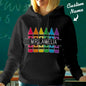 Personalised Crayon Hooded Sweatshirt front view with custom name — colourful crayon graphic, perfect teacher gift and back-to-school present